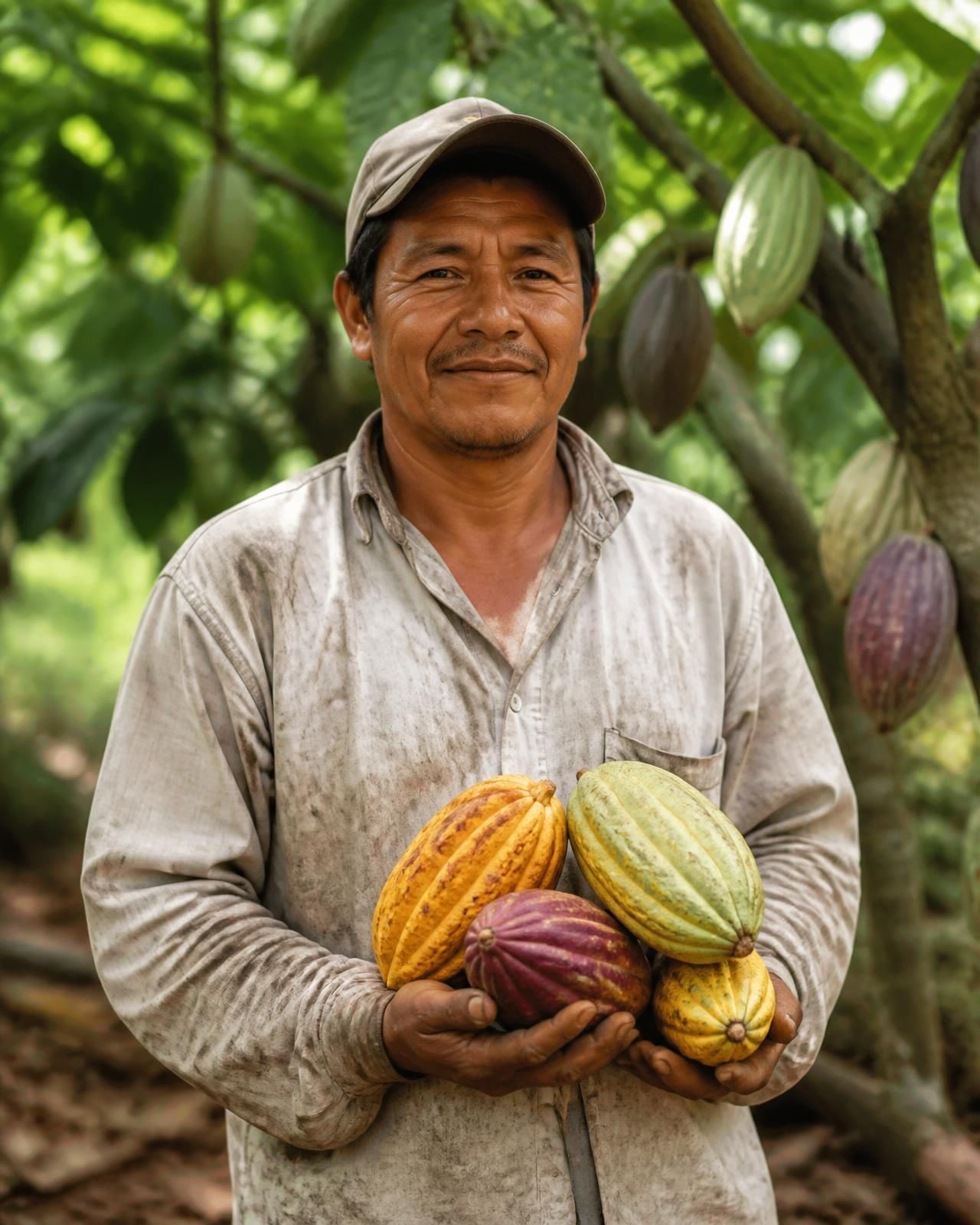 Productor ecuatoriano de cacao con mazorcas recién cosechadas